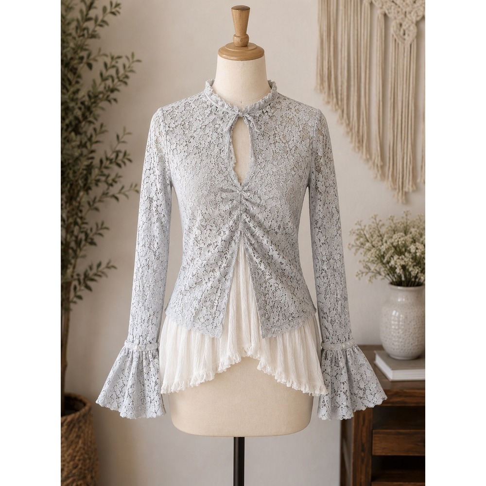 Celmia Collection Boho Lace Layered Tunic Top | Bell Sleeves Cottagecore | Small